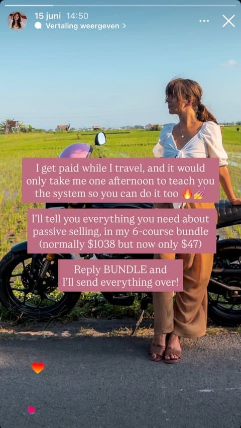 Instagram story the tool wrote: I get paid while I travel, the bundle for $47