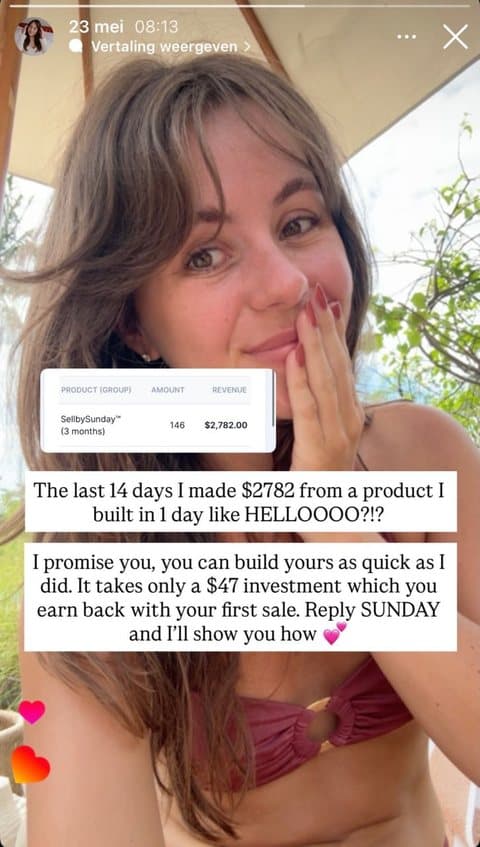 Instagram story the tool wrote, showing a $2,782 result in 14 days